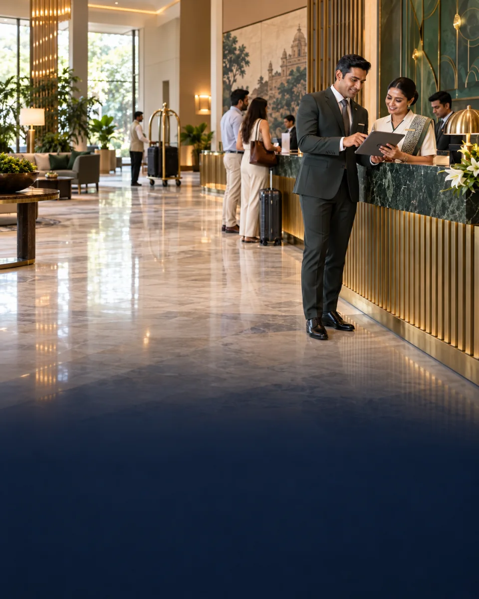 Hotel team sharing a welcoming moment at the front desk